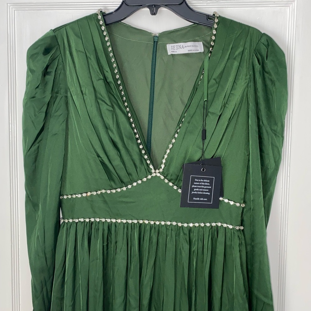 IEENA FOR MAC DUGGAL Rhinestone Trim Puff Sleeve Gathered Formal Gown Green Sz 6 - Picture 7 of 12